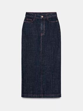Zara Dark Indigo Denim Midi Skirt with Contrast Stitching